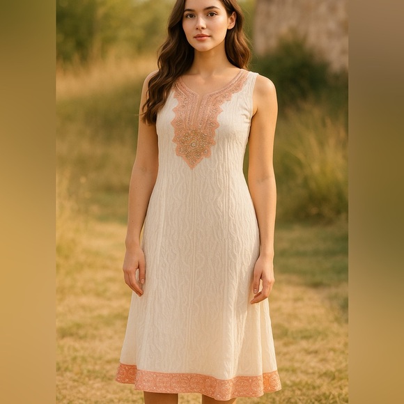 Bohemian Embroidered Hand Beaded White & Silver-Style Women’s Tunic Dress - Picture 1 of 15